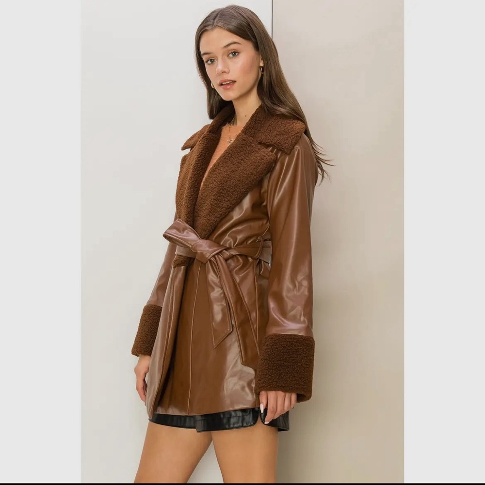 Faux Fur Collared Leather Tie Waist Coat